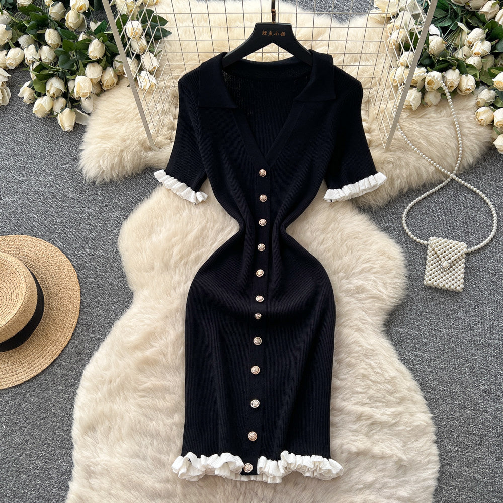 French gentle style v neck fungus edge knittingdress k-style short sleeve women's metal button slimming lookpetites short skirt