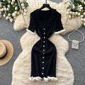 French gentle style v neck fungus edge knittingdress k-style short sleeve women's metal button slimming lookpetites short skirt