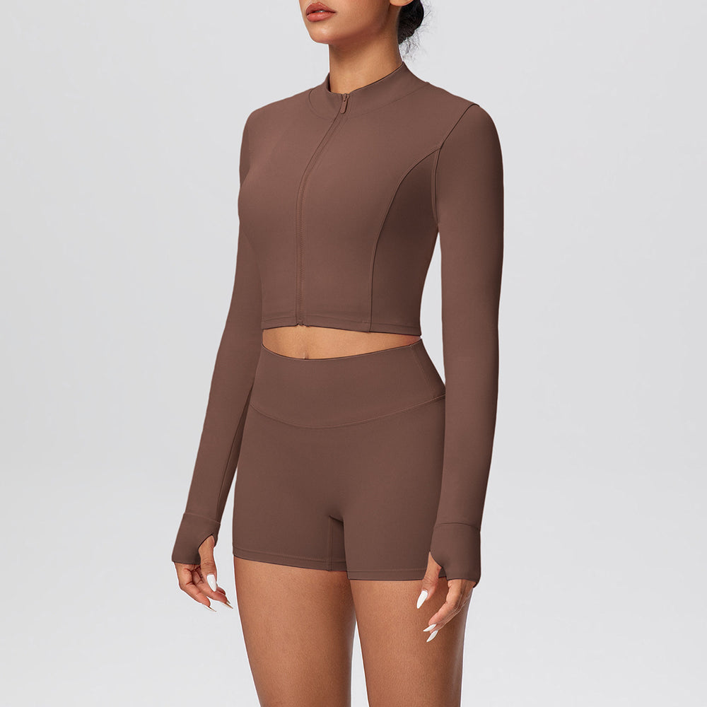 Ready-to-ship cross-border solid color double-sided brushed naked feel cropped jacket set - tight-fitting running, fitness, and yoga two-piece outfit