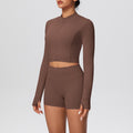 Ready-to-ship cross-border solid color double-sided brushed naked feel cropped jacket set - tight-fitting running, fitness, and yoga two-piece outfit