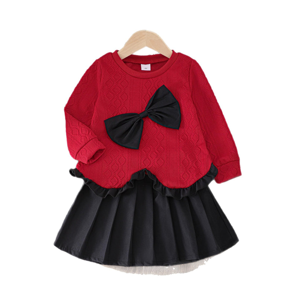 Girls' elegant long-sleeve top and pleated skirt set