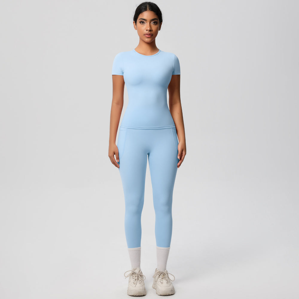 European and american solid color nude feel brushed short-sleeve yoga top and high-waisted butt-lifting fitness leggings quick-dry running workout set