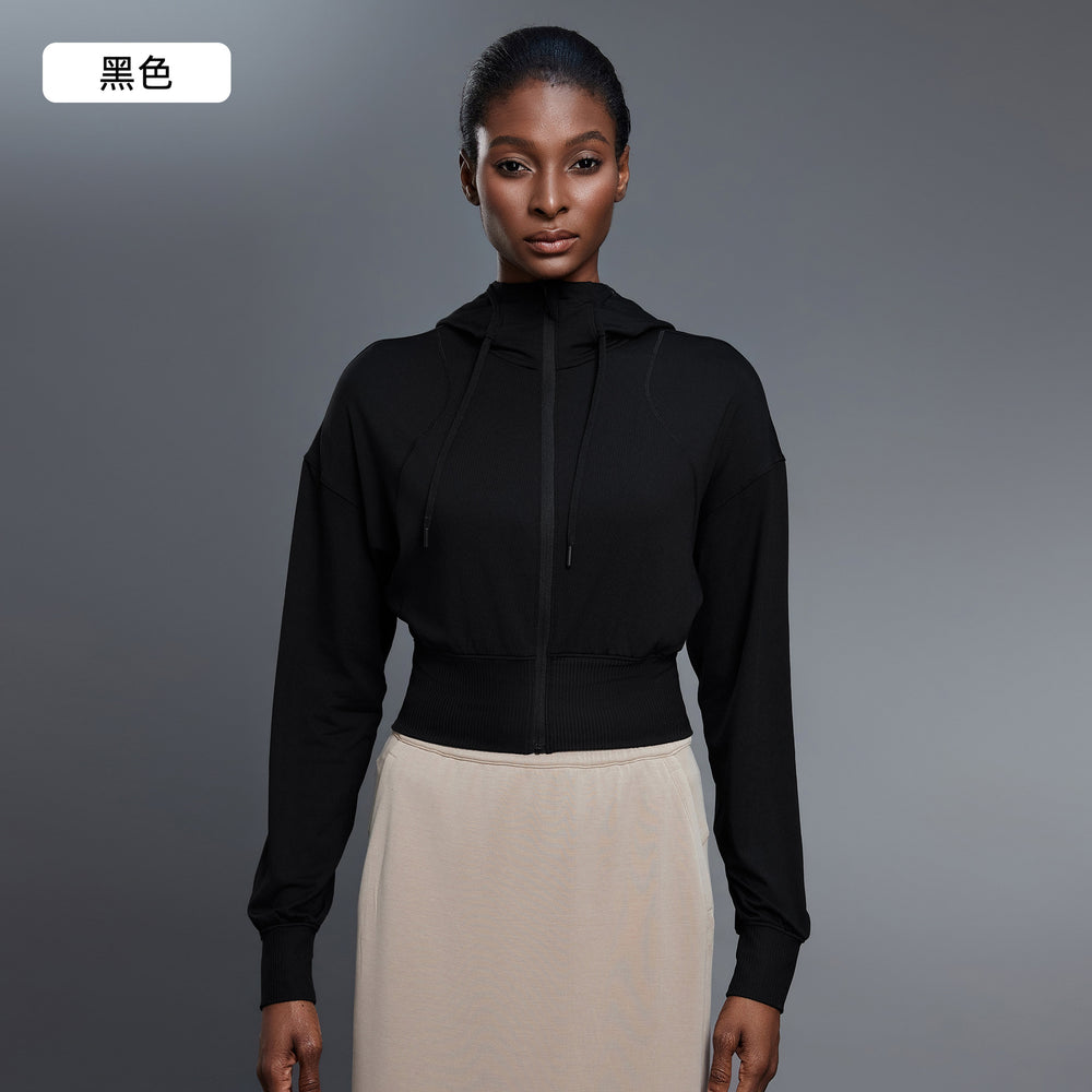 Hooded sports outwear women's spring & fallshort waist cardigan long sleeve tops yoga fitness wear jacket d25147