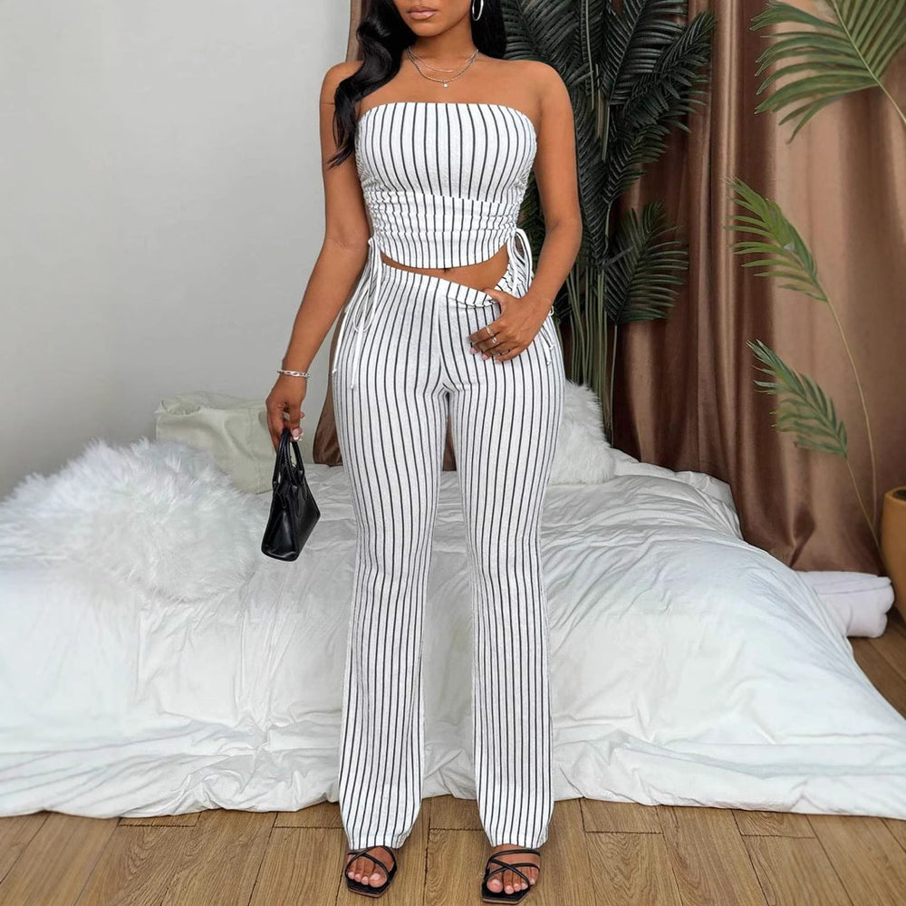 Amazon cross-border summer set: striped sexy cutout tie-up top and pants two-piece outfit