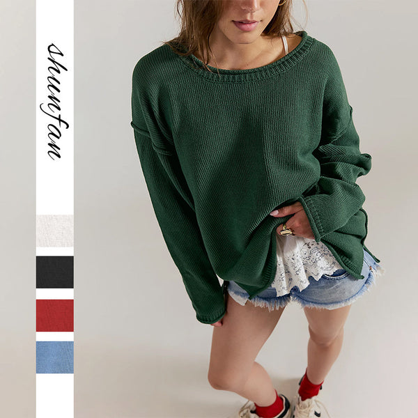 New autumn and winter European and American women's clothing  hot sale 2025 knitted solid color round neck loose and versatile basic pullover sweater