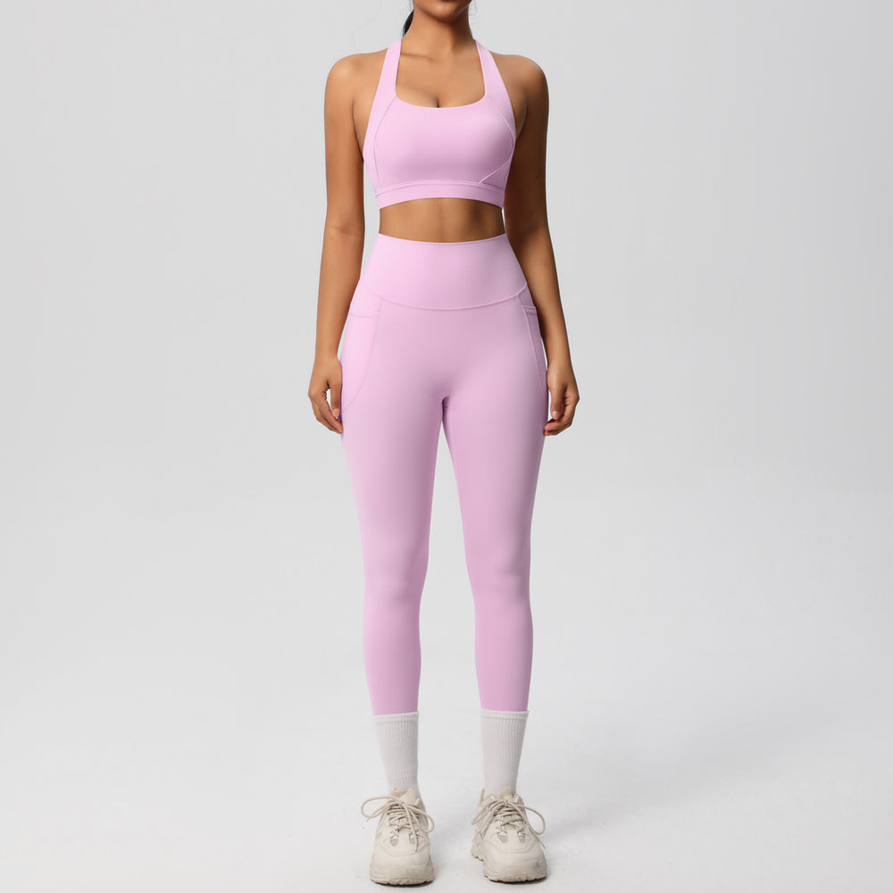 European and american cross-border yoga double-sided brushed tank top & shockproof pocket pants pilates running fitness yoga outfit two-piece set