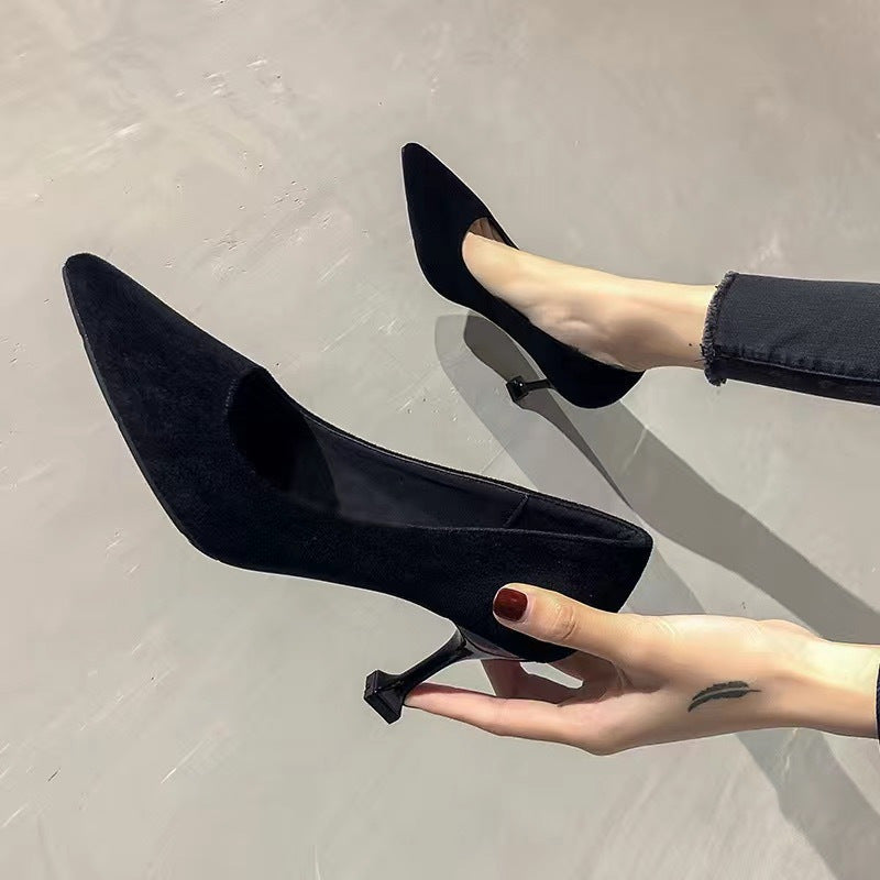 Women's high heels - spring/autumn 2023 collection: pointed-toe stiletto heels, black professional work shoes, mid-heel, college student etiquette flats