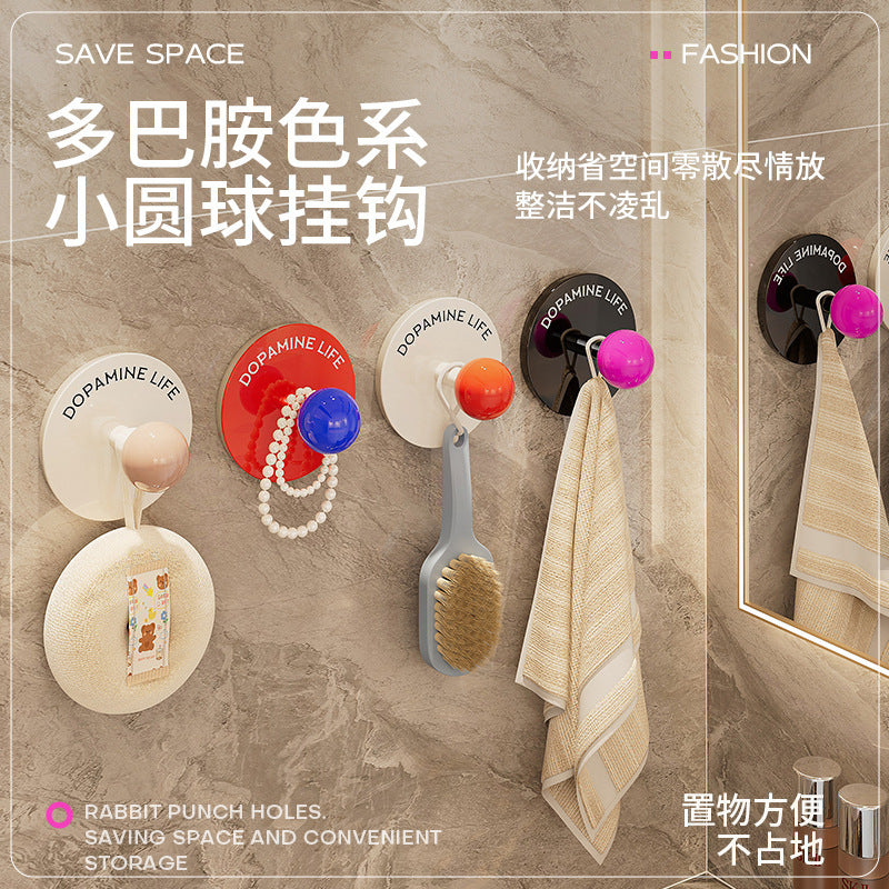 Dopamine wall-mounted non-punching hook, round ball straight hook, super glue sticky rubber band, necklace, jewelry, bathroom storage rack.