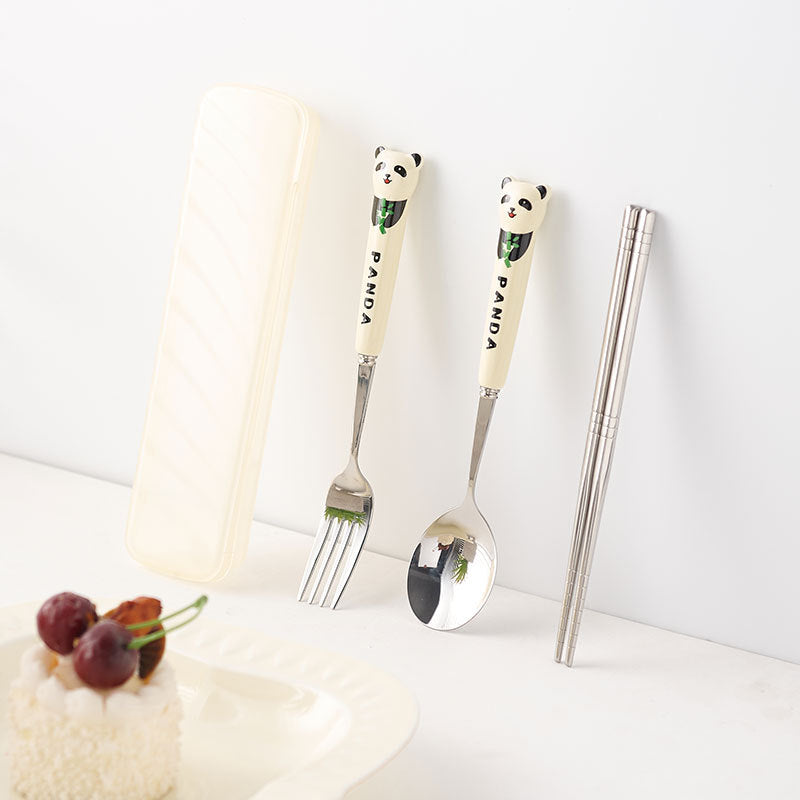 304 stainless steel portable cutlery set - creative panda design with ceramic handle fork, spoon, and chopsticks (3-piece set)