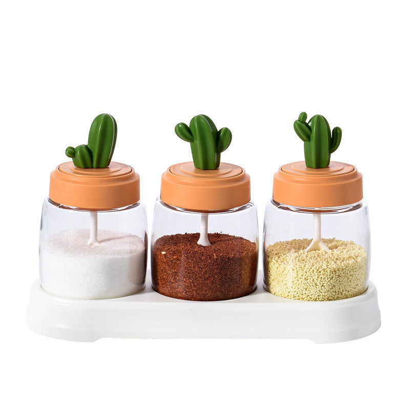 Kitchen spice jar set - home use oil, salt, sauce, vinegar combination set - condiment storage box - cactus glass seasoning jar bottle