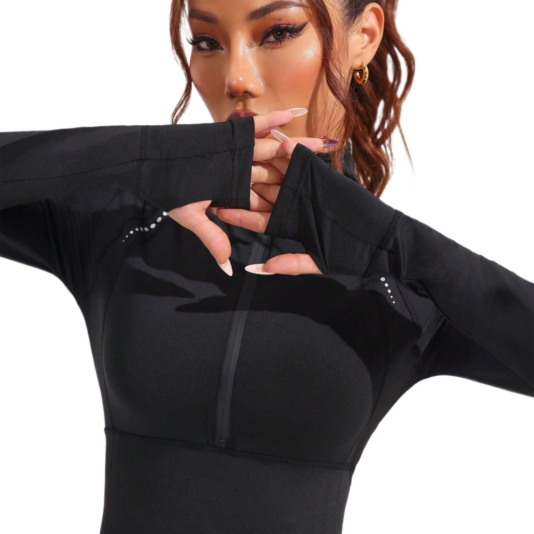Pre-sale Cross-border high-elastic breathable yoga long-sleeved top thumb hole stand-up collar reflective printing slim-fit sports sweater women