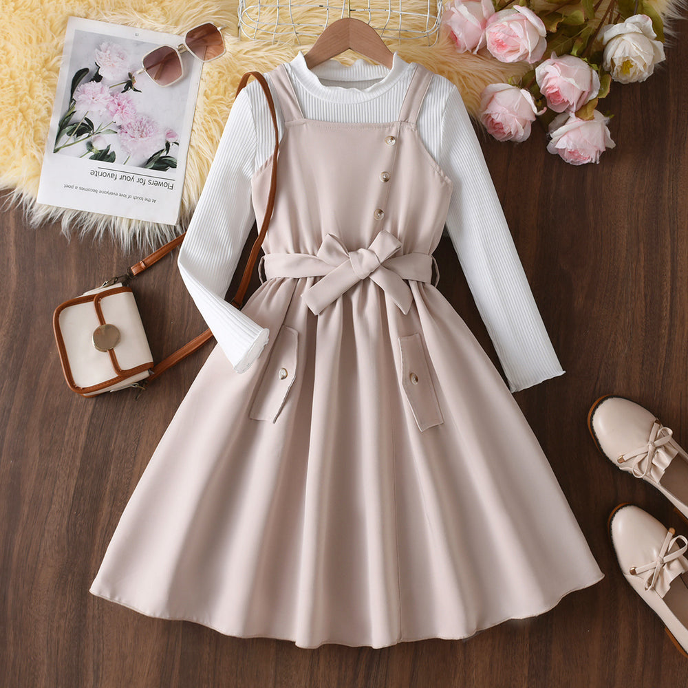 girls' beige sundress with long-sleeve top and bow belt - two-piece outfit