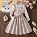 girls' beige sundress with long-sleeve top and bow belt - two-piece outfit