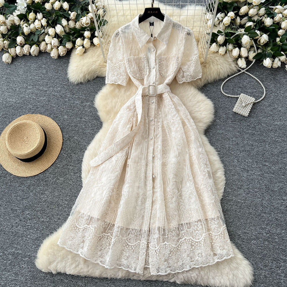 French chic socialite beaded pocket short sleeve dress - women's cinched waist elegant crochet embroidery mesh maxi dress