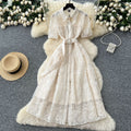 French chic socialite beaded pocket short sleeve dress - women's cinched waist elegant crochet embroidery mesh maxi dress