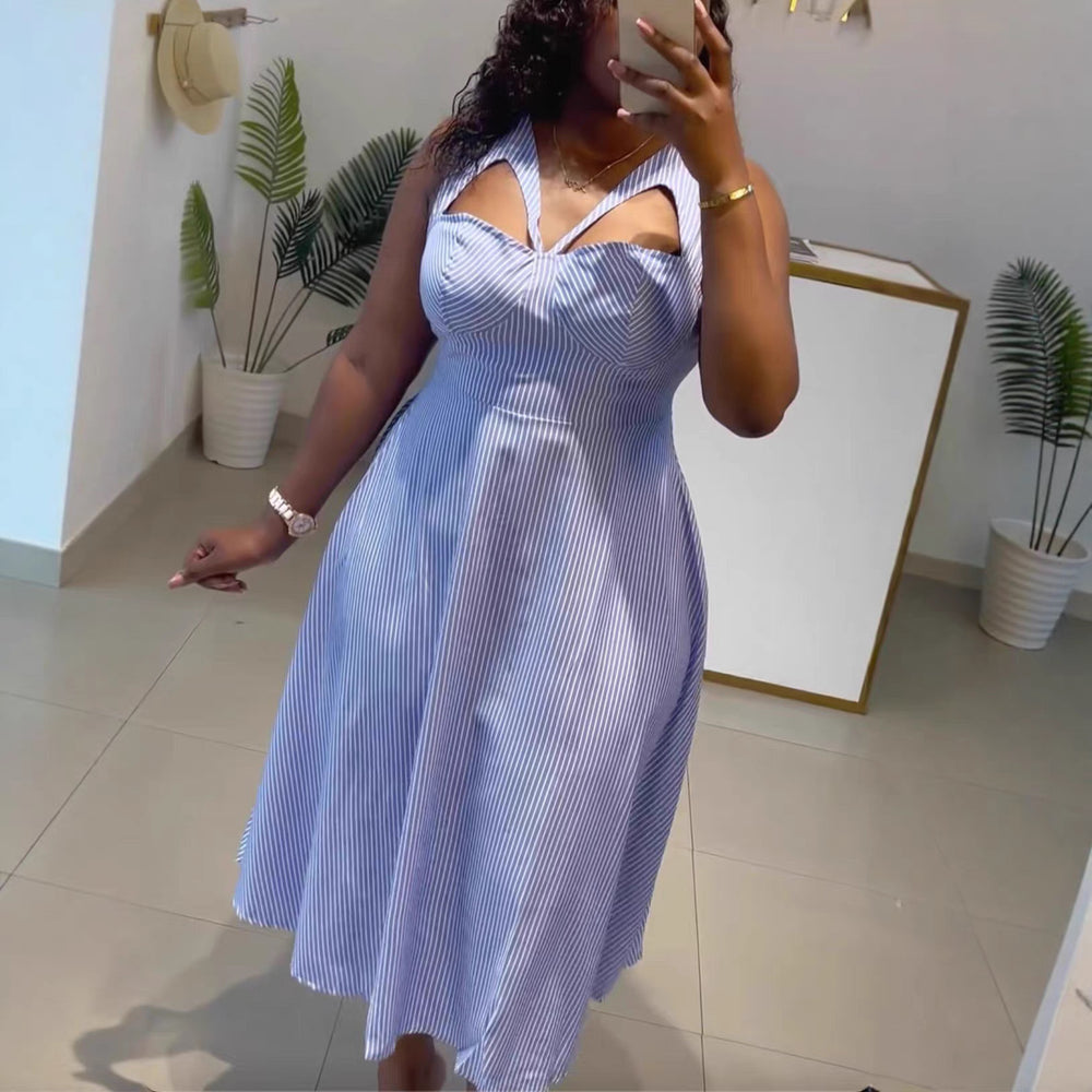 European and american cross-border women's fashion:  summer new arrival - sexy and elegant cutout blue striped high-waisted sleeveless dress