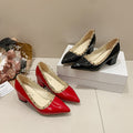 Chunky heel patent leather studded nude high heels women's 2026 new pointed toe low-cut soft sole fairy style elegant pumps
