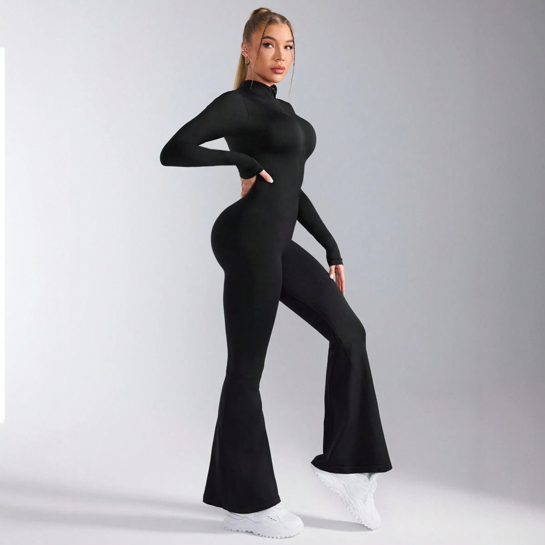 Pre-sale black stand-up collar waist and hip lift front zipper onesie women's thin flared trouser legs elastic onesie