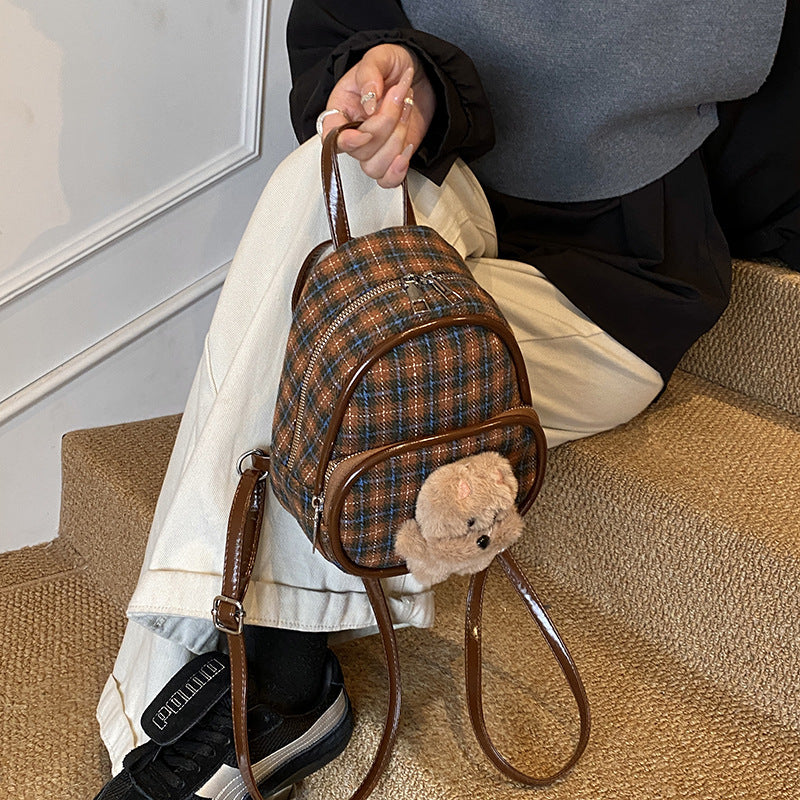 classy women's backpack new arrivalniche style plaid backpack cutestuffed pendant student class bag
