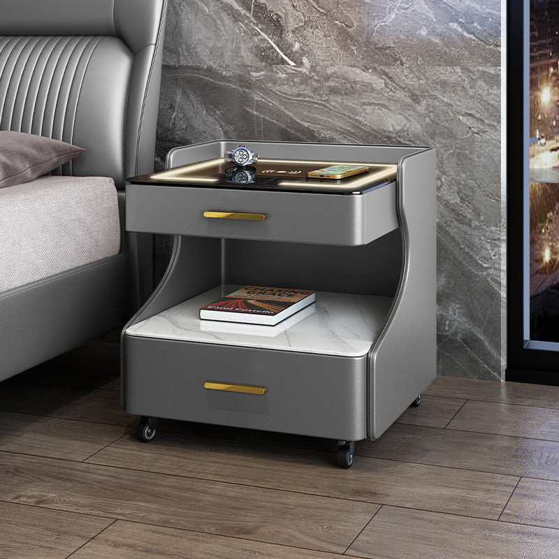 Italian smart bedside table minimalist modern leather bedroom wireless charging popular minimalist storage cabinet high-end rock slab