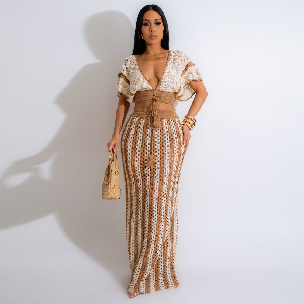 Amazon source goods: new summer european and american style women's sexy v-neck hollow-out striped knitted maxi dress set