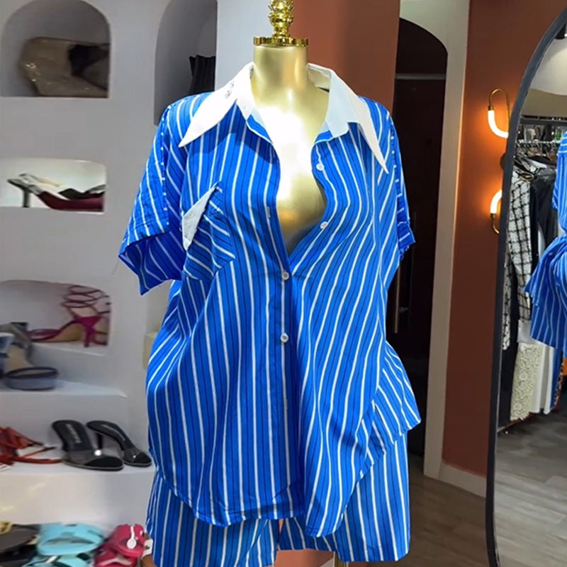 European and american cross-border women's fashion  autumn new casual blue striped turn-down collar button-down shirt and wide-leg shorts set
