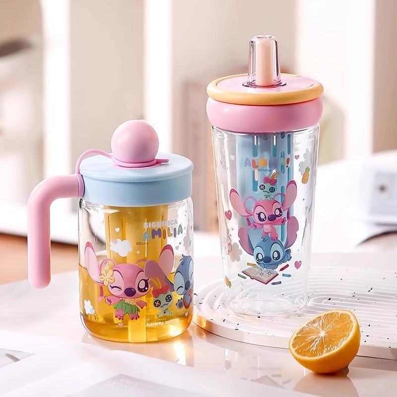 Stitch Glass Girls Large Capacity Cold Drink Fruit Teacup Stitch Drinking Tea Cup Independent Tea Warehouse with Straw