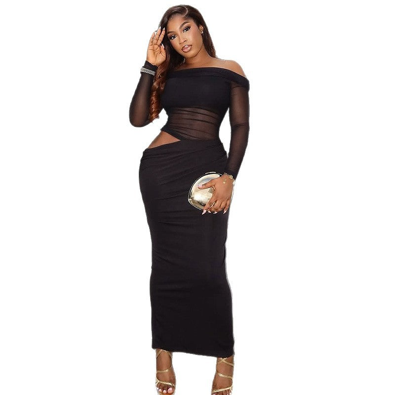 European and american style women's foreign trade pleated cutout sheer bodycon dress - off-the-shoulder bandeau solid color raglan long sleeve dress