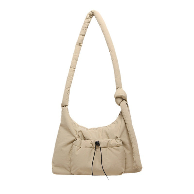 Casual fabric single shoulder messenger bag women's padded cotton knotted shoulder strap handbag cotton-filled drawstring tote bag wholesale