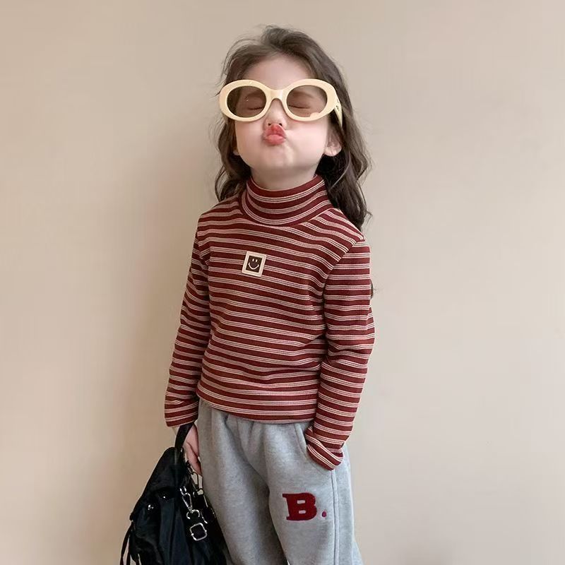 Long sleevesstripes bottom baby style middle and small children boys and girls single tops inner bottom shirt girl high collar thickened