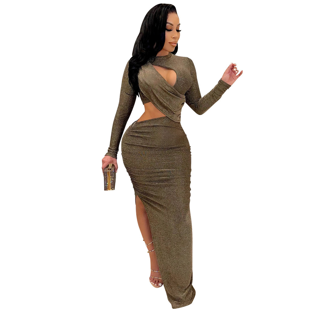 C5550 summer new european and american  cross-border fashion long sleeve sexy hollow-out slit maxi dress for women