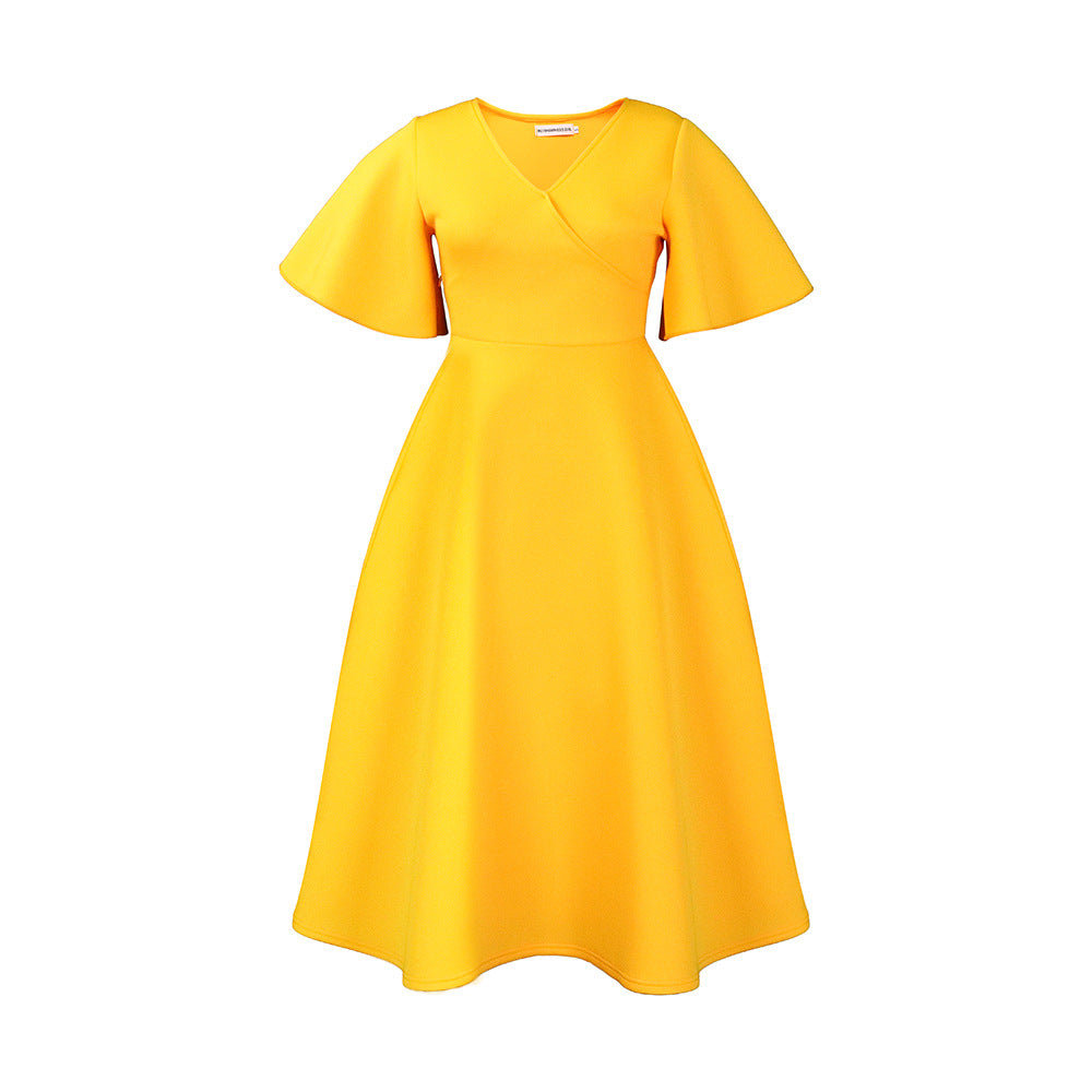 D3191 cross-border women's clothing  new style bell sleeves v neckfashionelegant large skirt dress european and american dress