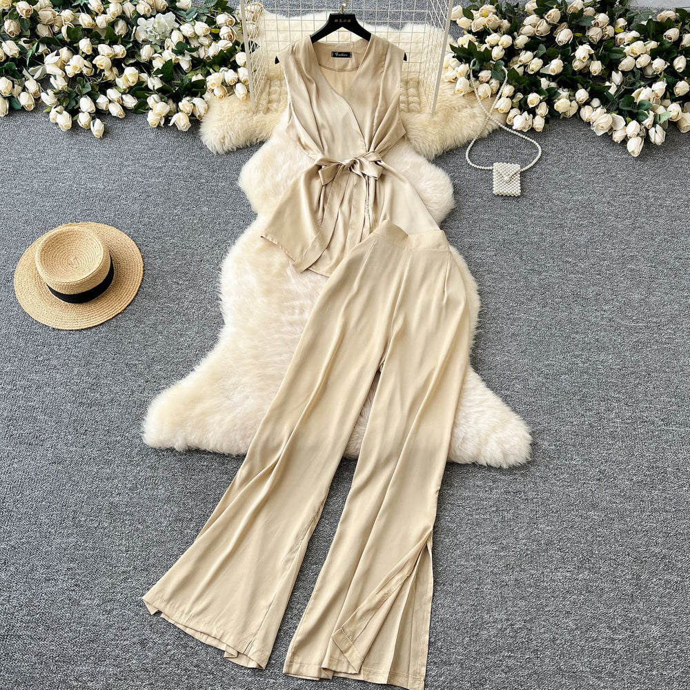 Light mature style summer dress for women new arrivalsense of design strap waist sleeveless satintopshigh waist slit mop pants pants