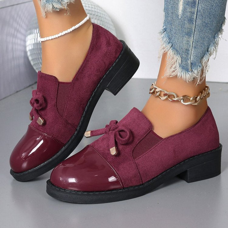 slip-on loafers women's autumn bow chunky heel plus size single shoes 43 red