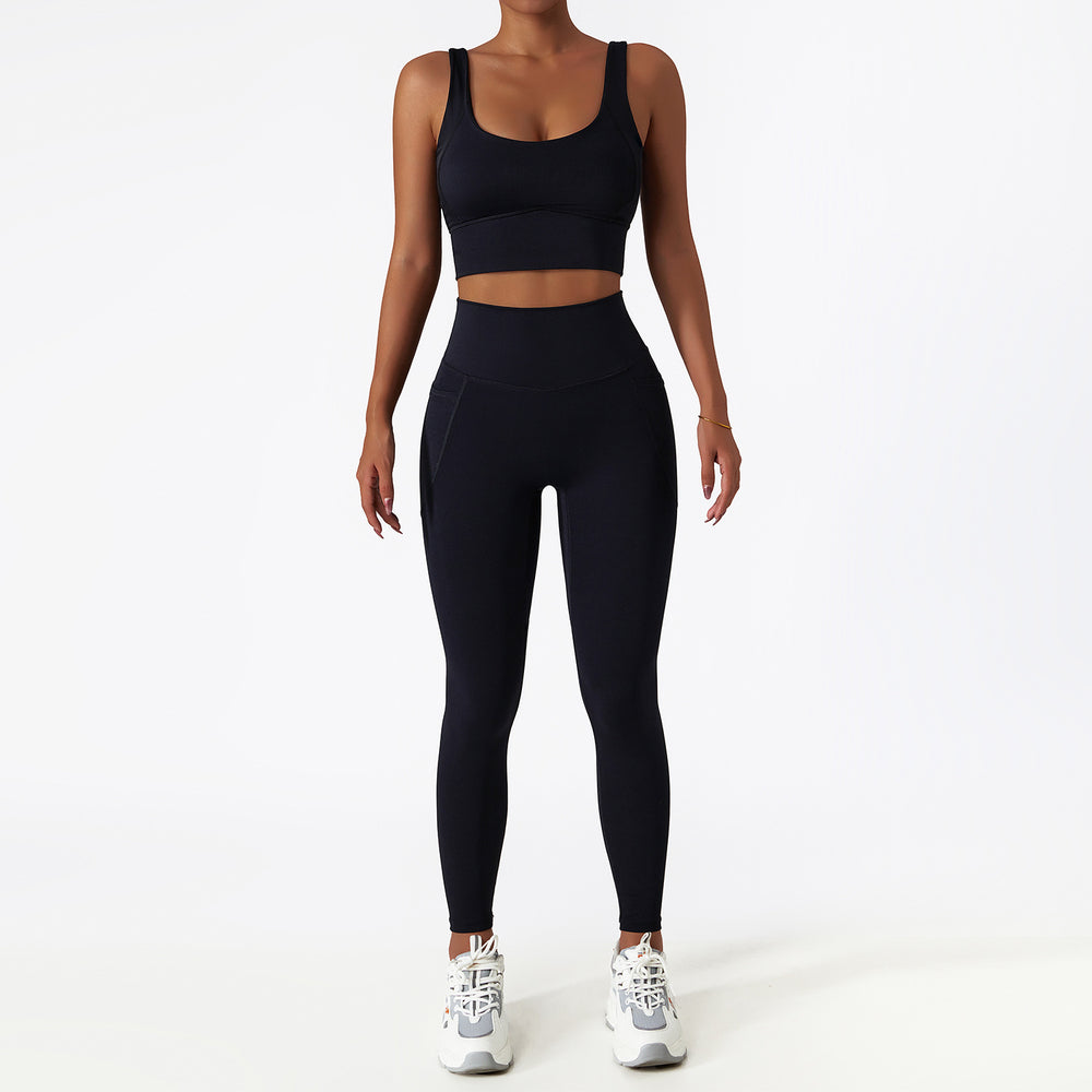 breathable quick-drying tight-fitting yoga clothes flap pocket pants running sports suit diagonal shoulder naked fitness suit6425
