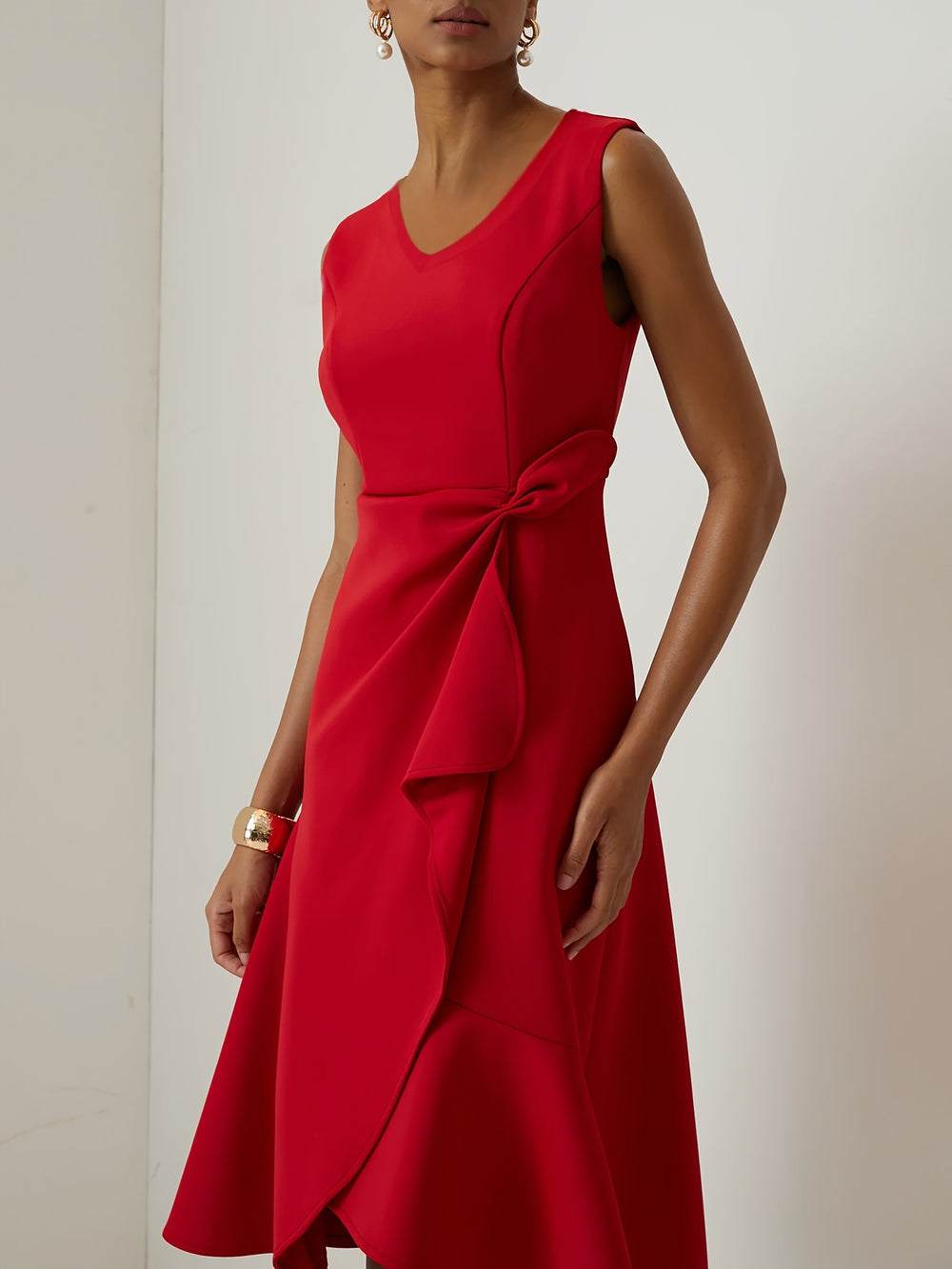 fashion elegant boat neck ruffle hem solid color midi dress - spring/summer dress