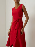 fashion elegant boat neck ruffle hem solid color midi dress - spring/summer dress