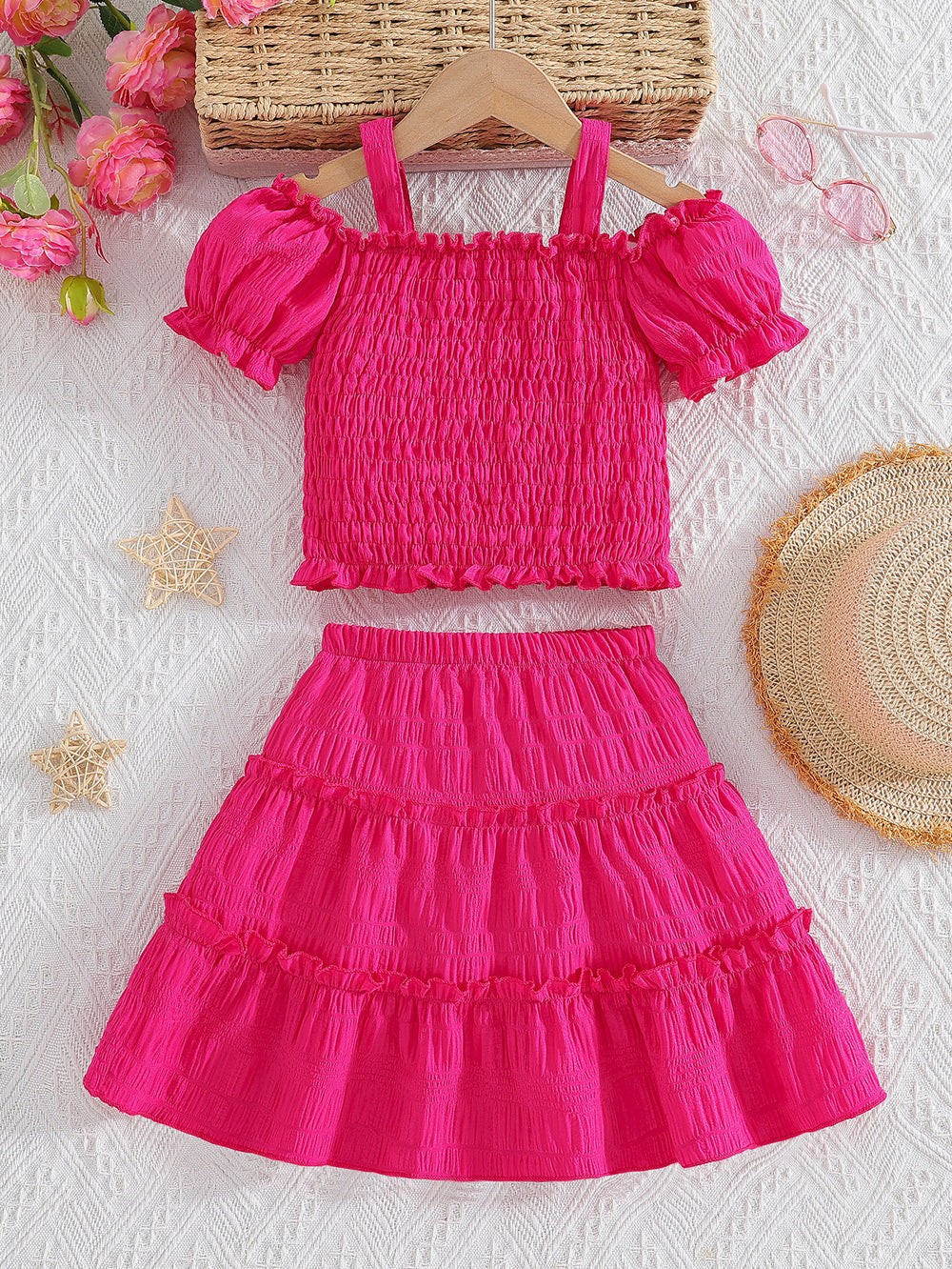 girls' outfit set: peach pink camisole top and tiered skirt - two-piece separates
