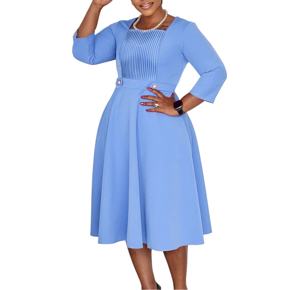D3353export women's clothing fashionfashion square collar pure color pleatedfashionplus sizehigh waist africandress