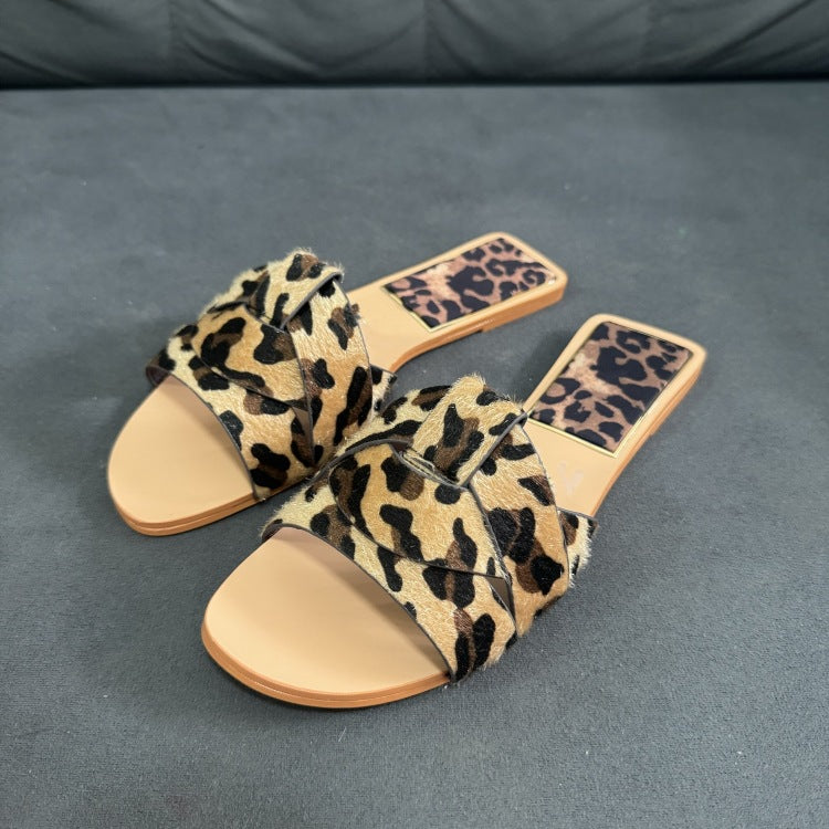 Spanish summer new arrivals: women's leopard print leather flat casual open-toe sandals and slippers