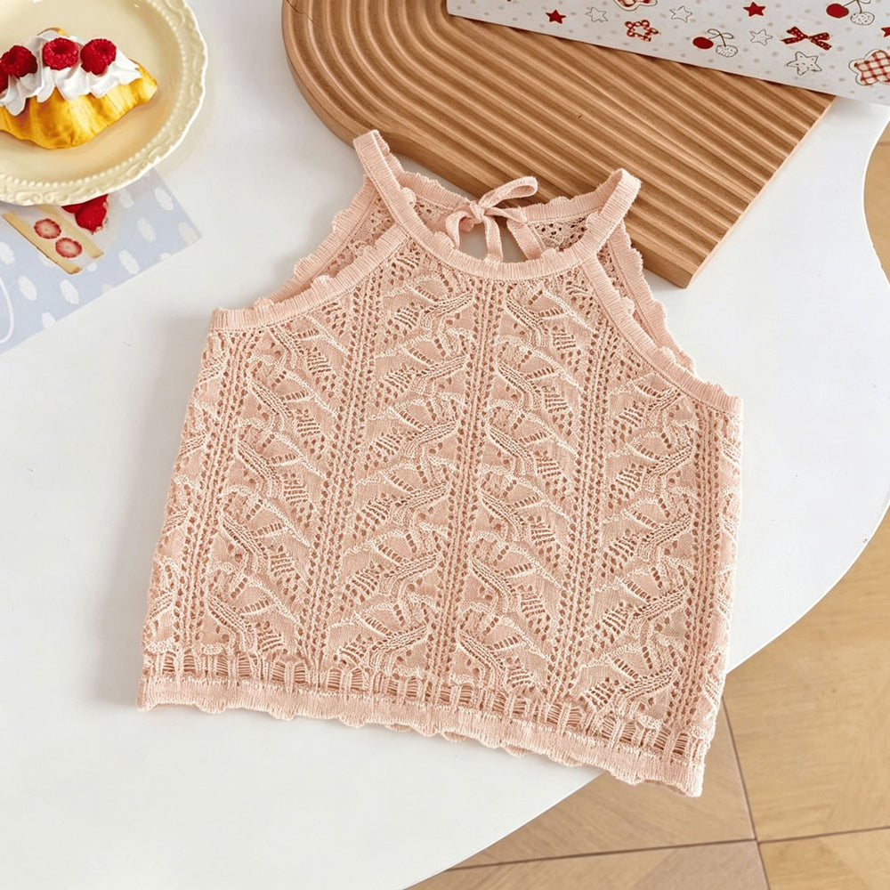 Girls' summer new knitted tank top - baby versatile raglan sleeve tie-up cutout backless sleeveless baby cami