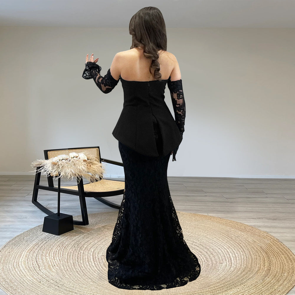 C7299 cross-border   fashion women's sexy bandeau see-through lace maxi dress two-piece set