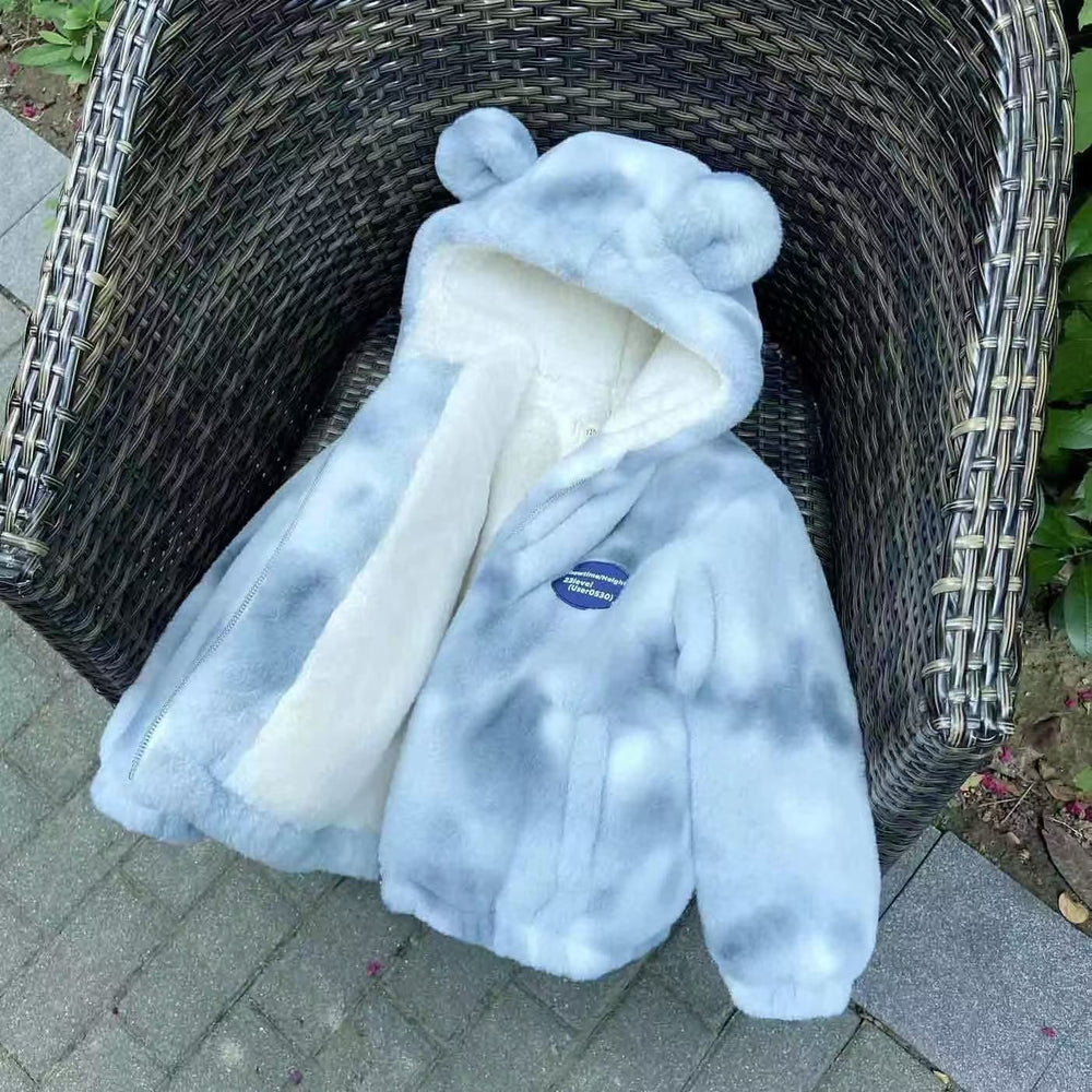 Winter fur faux fur kids' coat - warm, thickened, plush, faux rabbit fur hooded cotton-padded jacket for girls (mid-size)