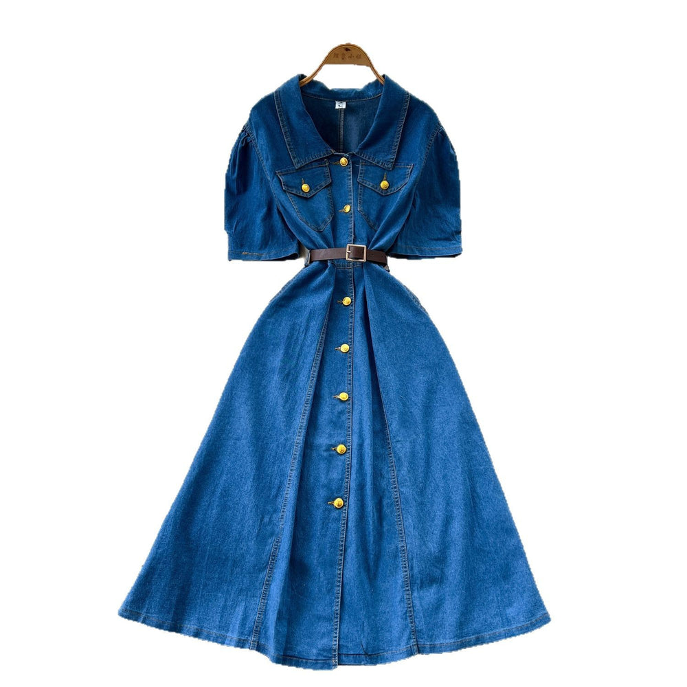 summer new arrival: chic and unique puff sleeve, single-breasted, cinched-waist denim dress - french style, slimming maxi dress for women