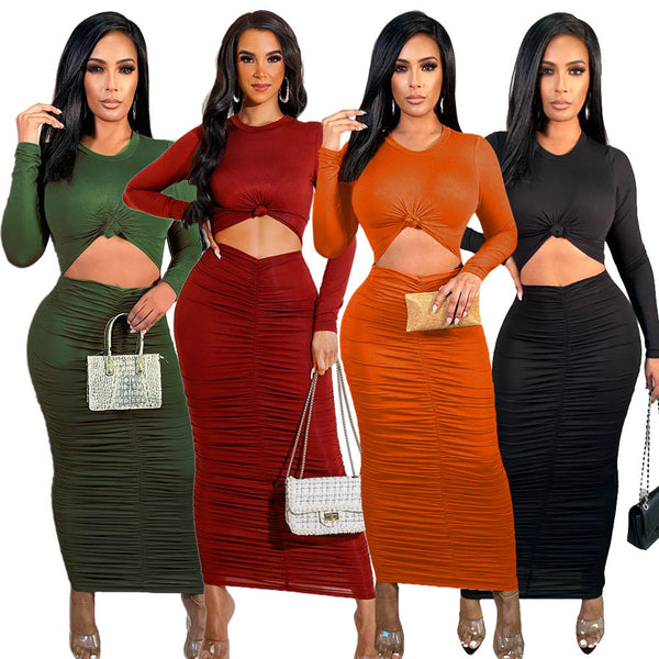MM2145  supply Europe and America sexy autumn and winter women's clothing solid color pleated skirt long sleeve waist women's long dress