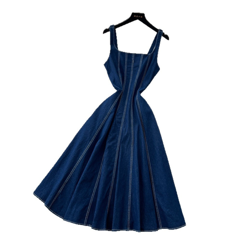 Frenchretro style denim square neck suspender dress female high waist casuala-line skirt slimming look large swing work clothing skirt