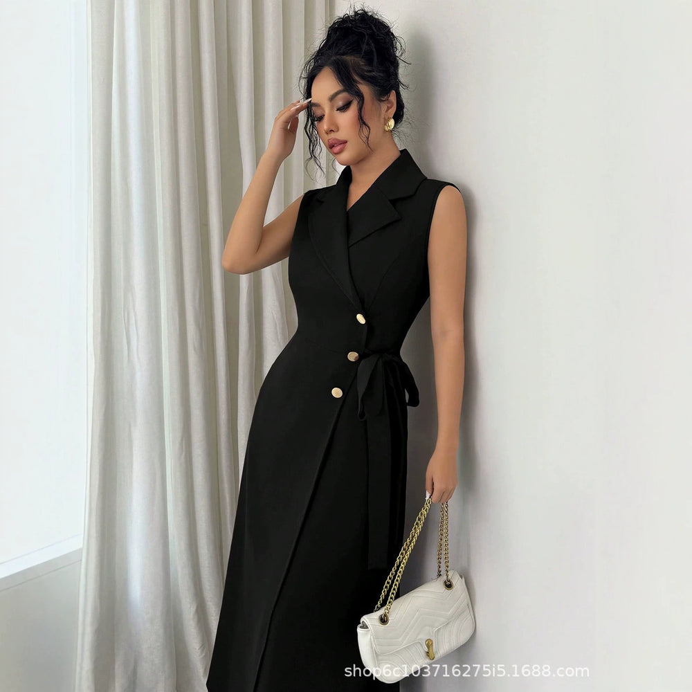 summer new arrival: black sleeveless dress with suit collar, cinched waist, and tie detail - long work dress