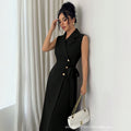 summer new arrival: black sleeveless dress with suit collar, cinched waist, and tie detail - long work dress