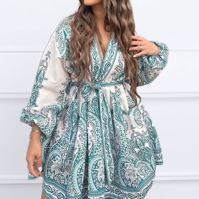 summer new arrivals: women's clothing - cross-border european & american hot seller - vintage print lantern sleeve v-neck tie-up dress