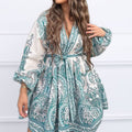 summer new arrivals: women's clothing - cross-border european & american hot seller - vintage print lantern sleeve v-neck tie-up dress